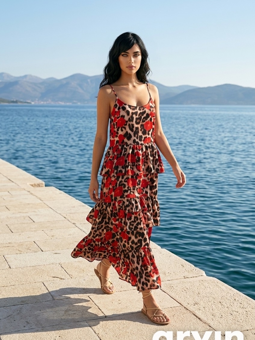 Red Floral Leopard Print Tiered Maxi Dress with Spaghetti Straps